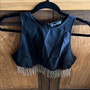 SHEIN Black Embellished Tank Top with Silver Fringe